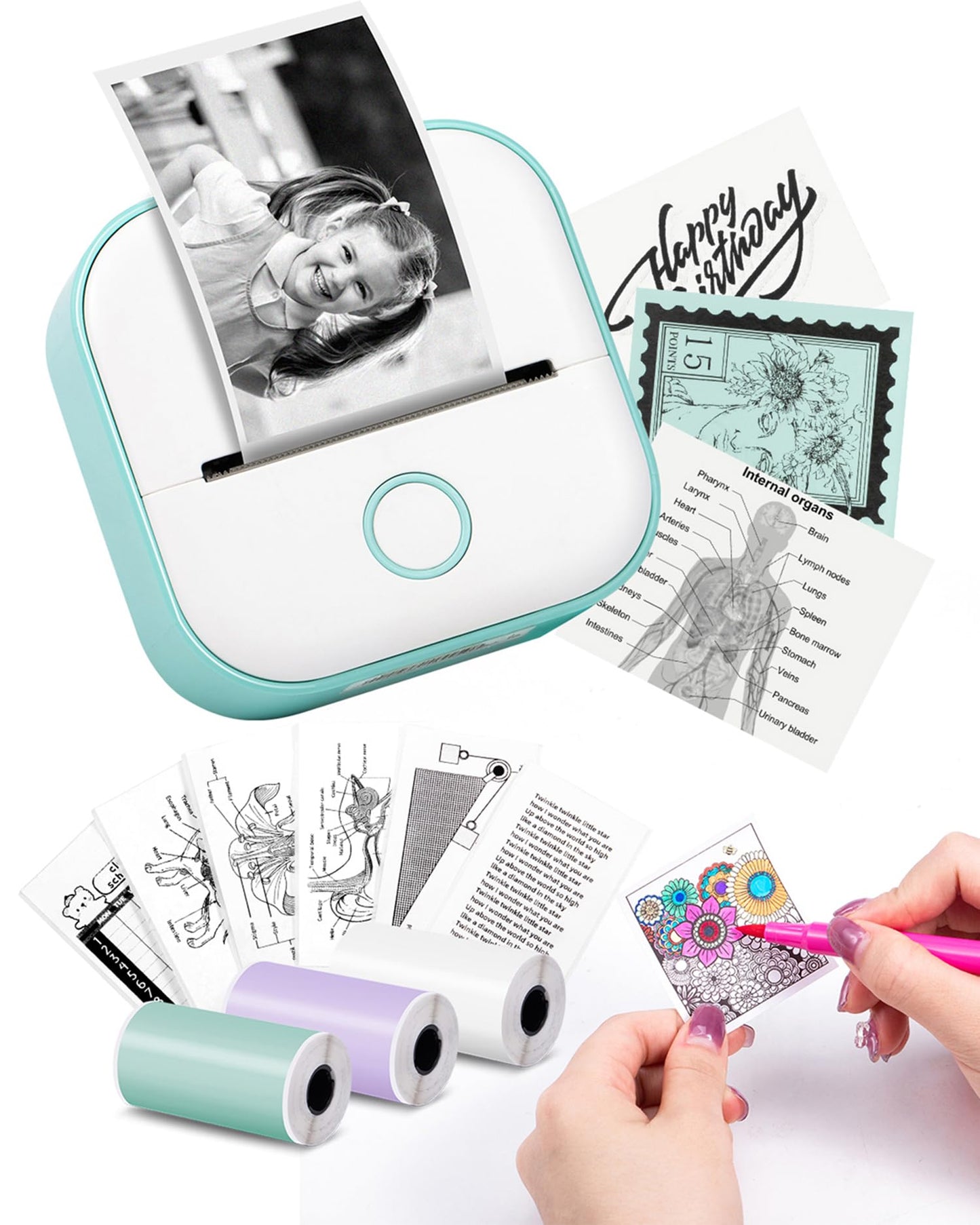 Mini Printer - Sticker Printer T02 Portable Thermal Printer for Learning Graphics, Anatomical Drawings, Photos